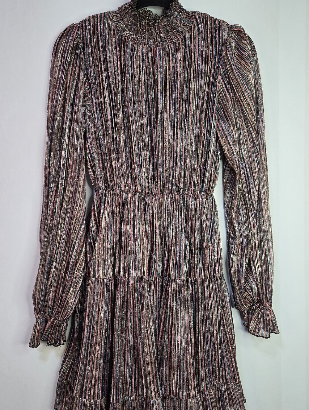 O.P.T. Size S Metallic Multi Stripe Lightweight Mock Neck L/sleeve Tiered Dress